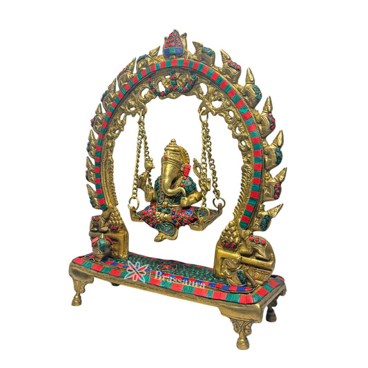 Brassaura™ Brass Gem Stone Work Ganesha Murti – Height 14.6 inches & Weight 5.2 kgs | Ganpati Idol for Pooja & Home Décor