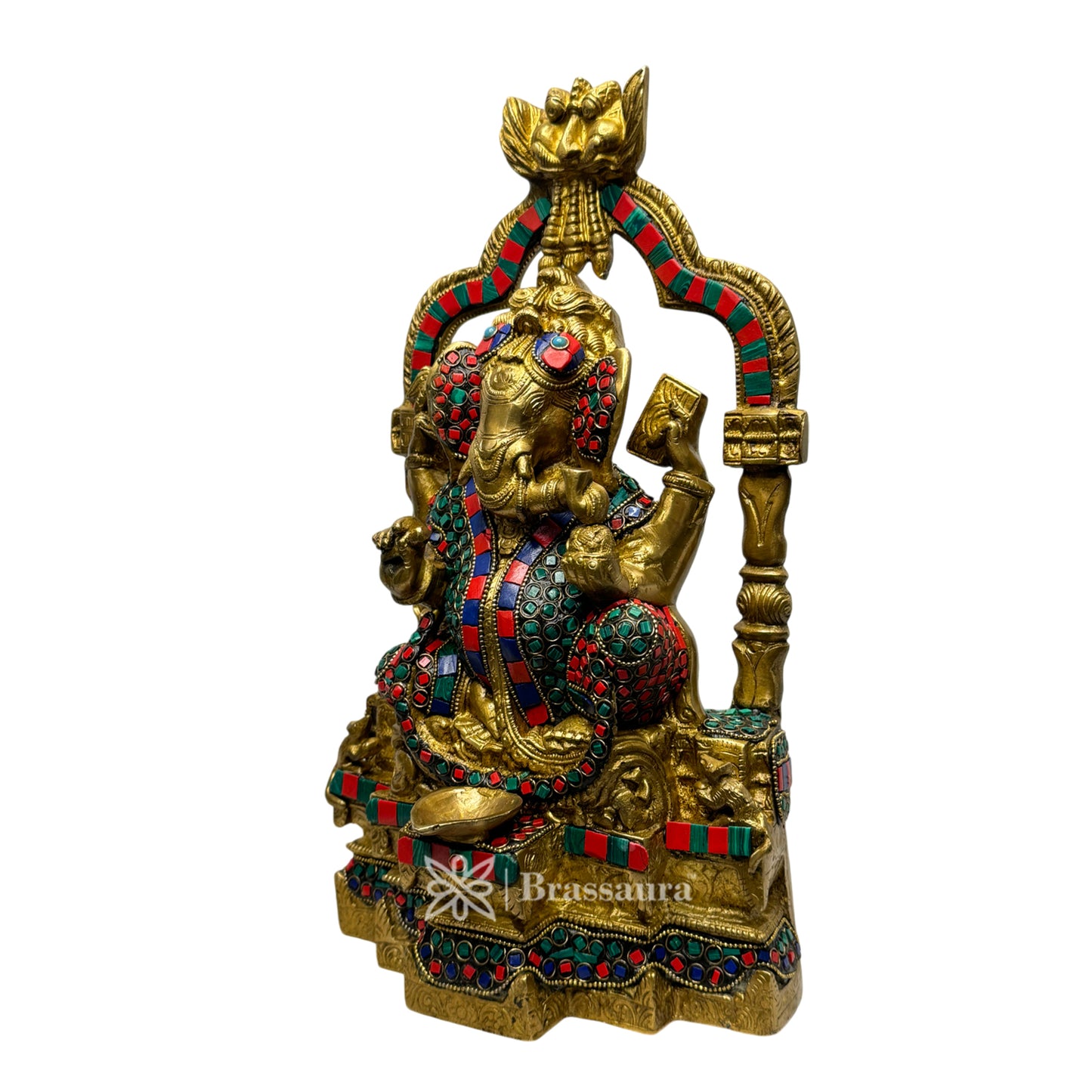 Brassaura™ Brass Multi Gem Stone Work Ganesha Ring Idol – Height 14.2 inches & Weight 7.5 kgs | Ganpati Diya Murti for Pooja & Home Décor