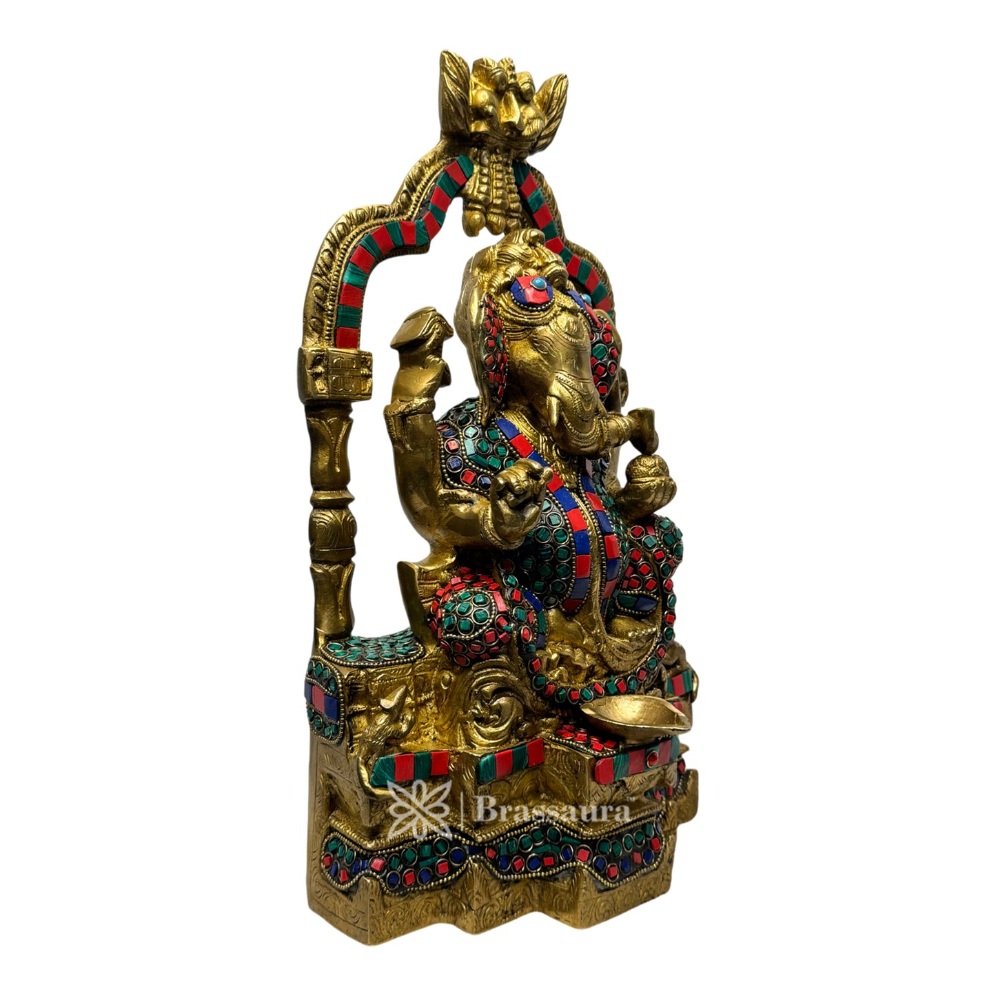 Brassaura™ Brass Multi Gem Stone Work Ganesha Ring Idol – Height 14.2 inches & Weight 7.5 kgs | Ganpati Diya Murti for Pooja & Home Décor
