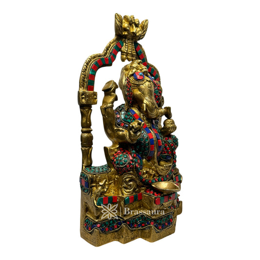 Brassaura™ Brass Multi Gem Stone Work Ganesha Ring Idol – Height 14.2 inches & Weight 7.5 kgs | Ganpati Diya Murti for Pooja & Home Décor