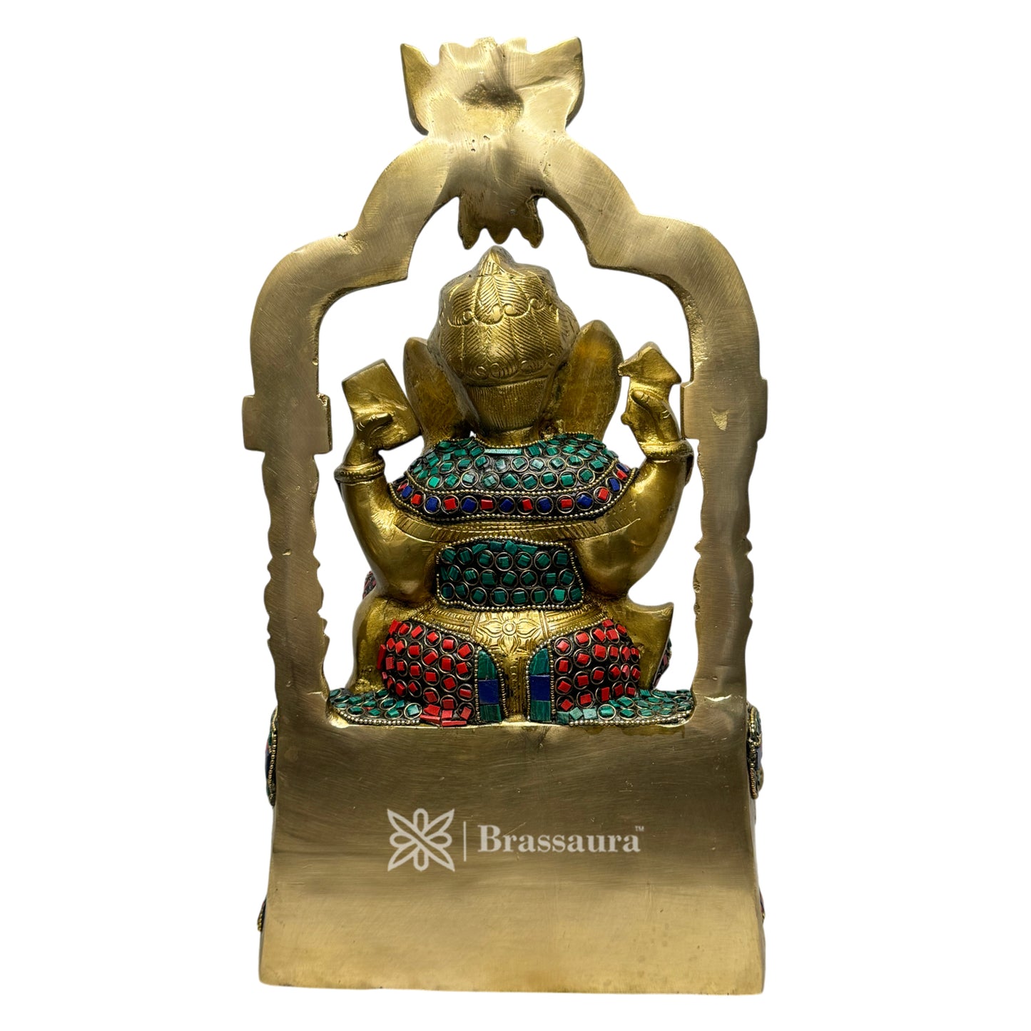 Brassaura™ Brass Multi Gem Stone Work Ganesha Ring Idol – Height 14.2 inches & Weight 7.5 kgs | Ganpati Diya Murti for Pooja & Home Décor