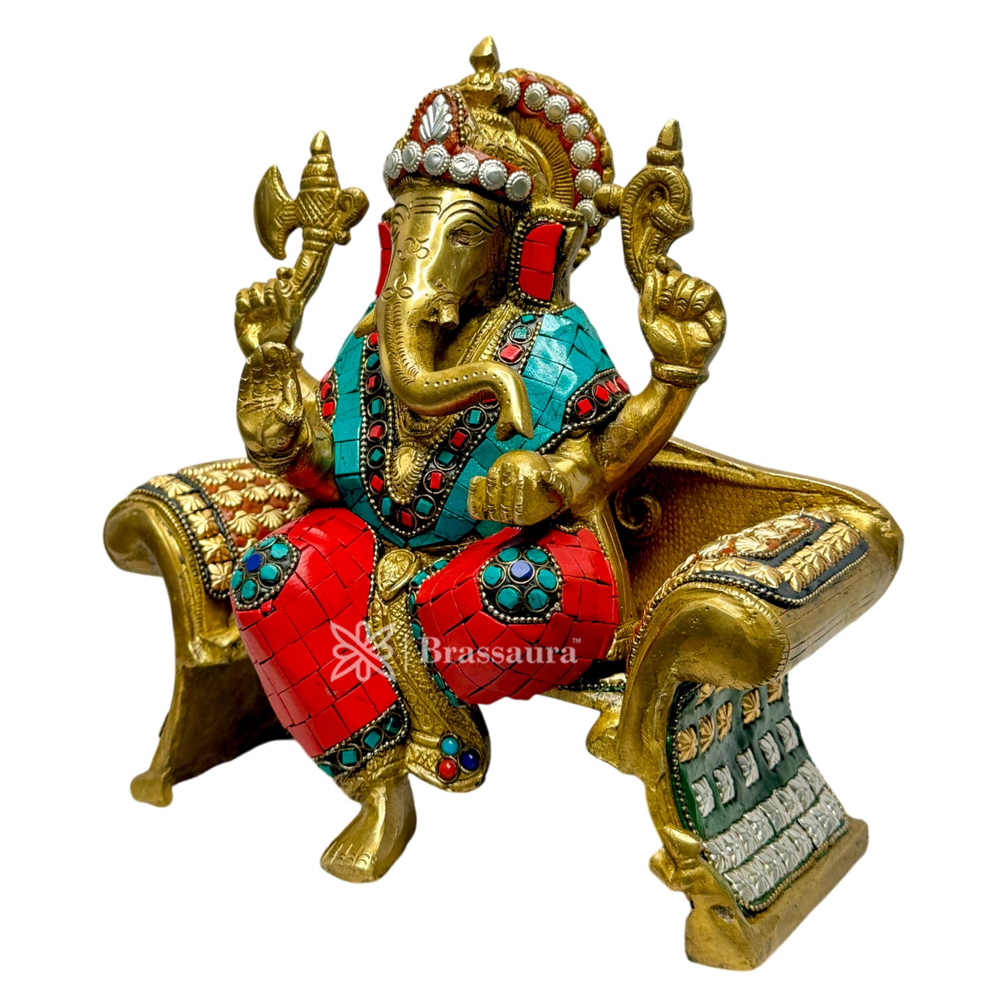 Brassaura™ Brass Multi Gem Stone Work Ganesha Murti – Height 9.4 inches & Weight 5.7 kgs | Ganpati Idol for Pooja & Home Décor