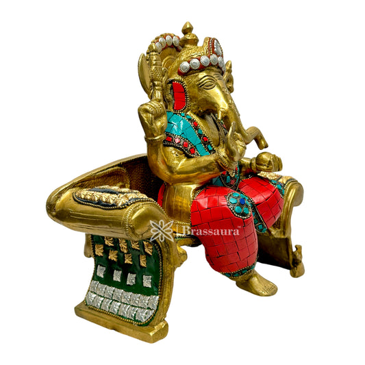Brassaura™ Brass Multi Gem Stone Work Ganesha Murti – Height 9.4 inches & Weight 5.7 kgs | Ganpati Idol for Pooja & Home Décor