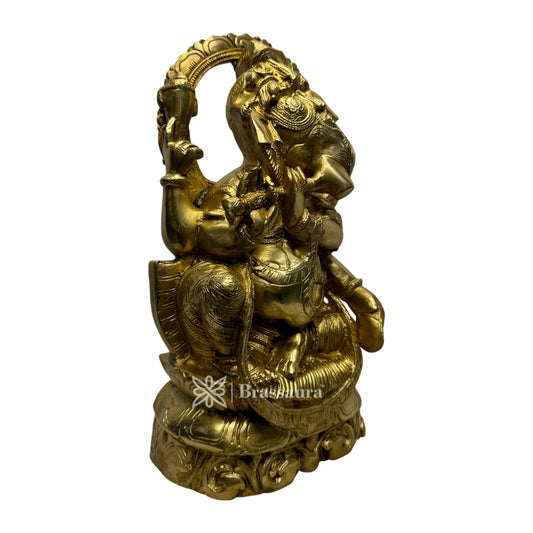 Brassaura™ Brass Flute Ganesha Murti – Height 12.6 inches & Weight 7.4 kgs | Ganpati Playing Flute Idol for Pooja & Home Décor
