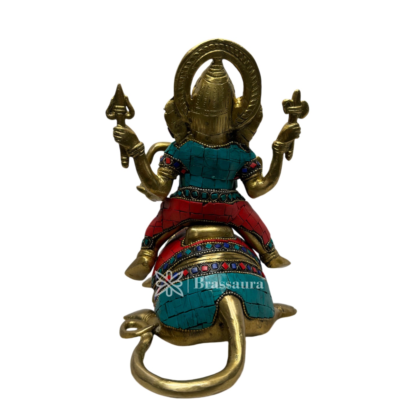 Brassaura™ Brass Gem Stone Work Ganesha with Mouse Idol – Height 8.3 inches & Weight 3.85 kgs | Ganpati Murti for Pooja & Home Décor