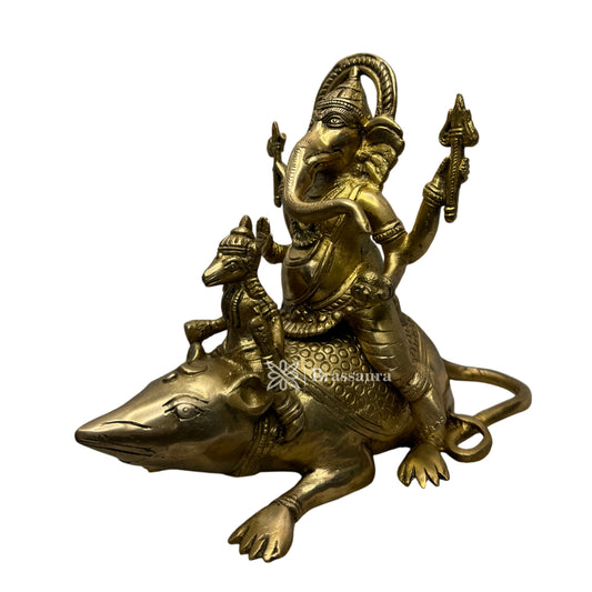 Brassaura™ Brass Golden Ganesha with Mouse Idol – Height 8.3 inches & Weight 3.65 kgs | Ganpati Murti for Pooja & Home Décor