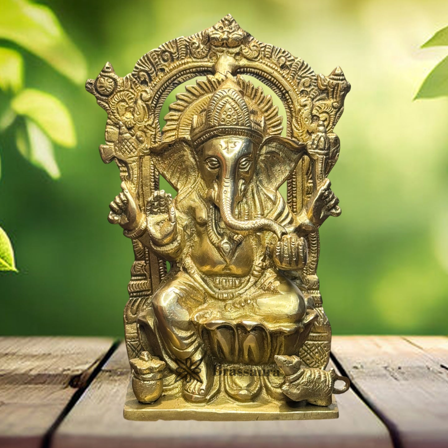 Brassaura™ Brass Golden Ganesha Murti for Home and Decor Weight 1.9 Kg Height 22 cm
