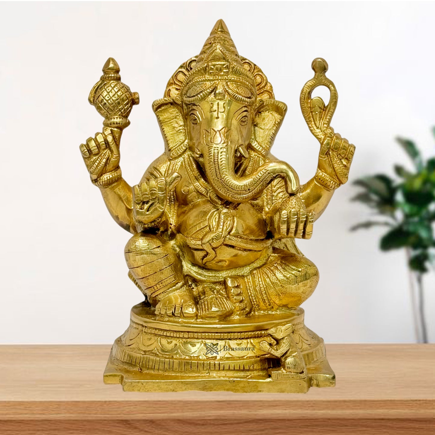 Brassaura™ Brass Golden Ganesha Murti – Height 9 inches & Weight 2.3 kgs | Ganpati Idol for Pooja & Home Décor
