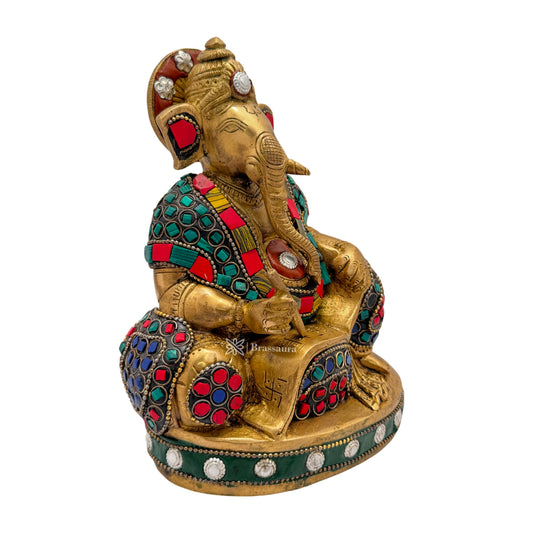 Brassaura™ Brass Gem Stone Work Ganesha Statue – Height 6.7 inches & Weight 1.82 kgs | Decorative Ganpati Murti for Home & Pooja Room