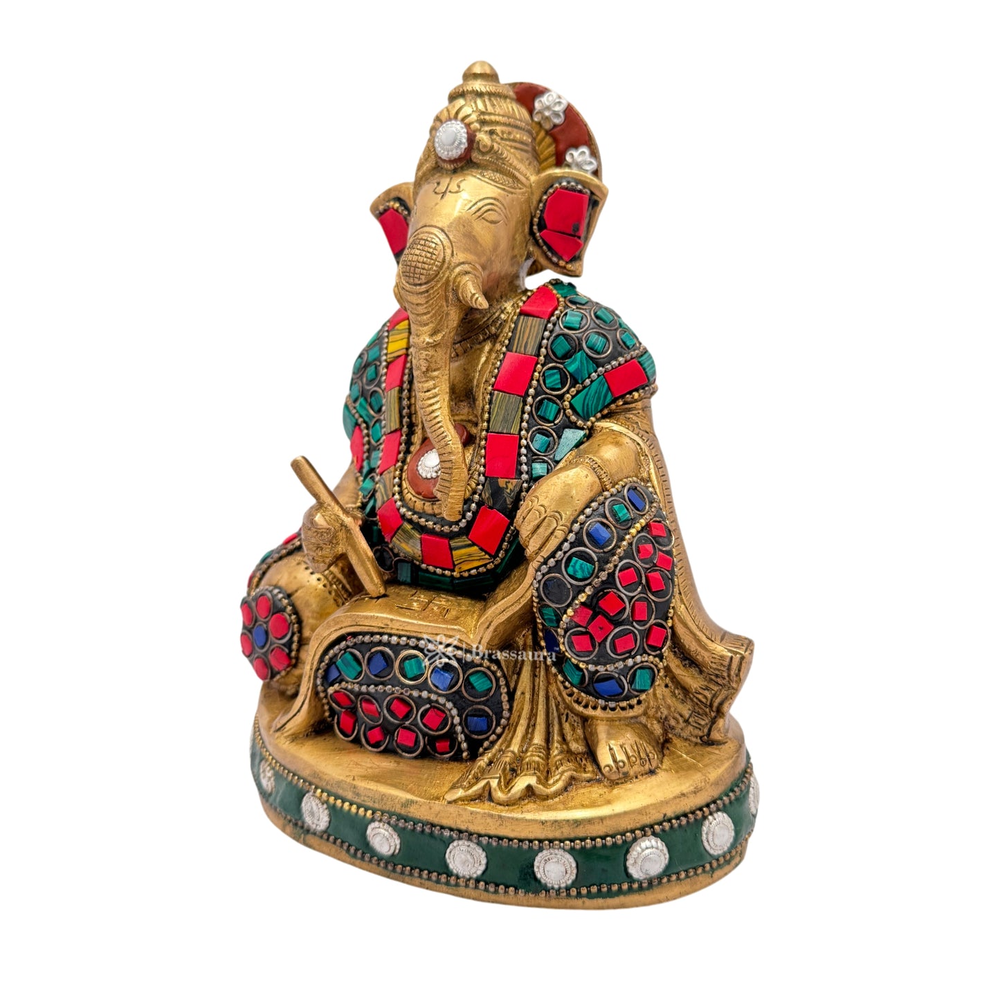 Brassaura™ Brass Gem Stone Work Ganesha Statue – Height 6.7 inches & Weight 1.82 kgs | Decorative Ganpati Murti for Home & Pooja Room