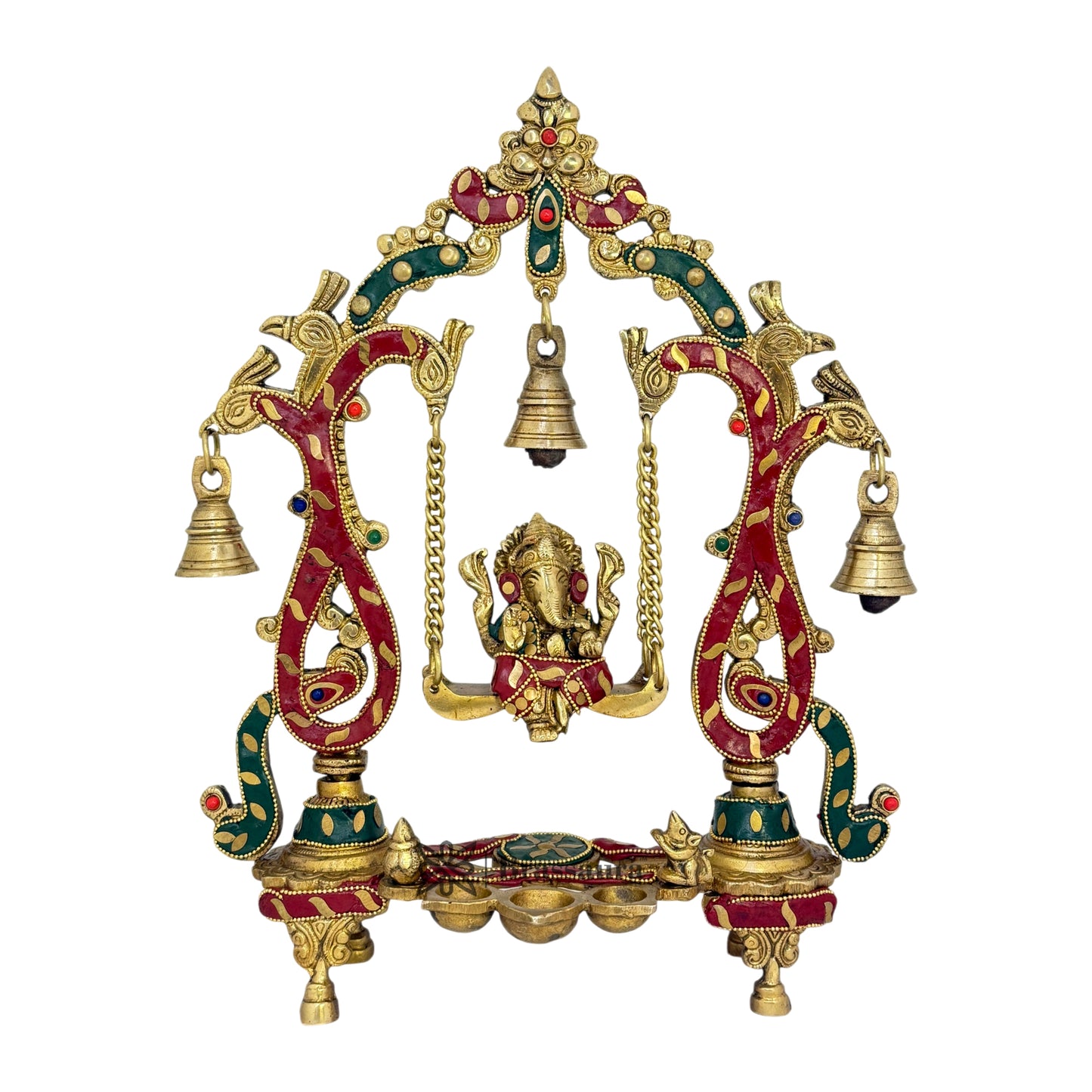 Brassaura™ Brass Gem Stone Work Ganesha Jhula Murti – Height 13.8 inches & Weight 2.8 kgs | Ganpati Swing Statue for Home & Pooja Room
