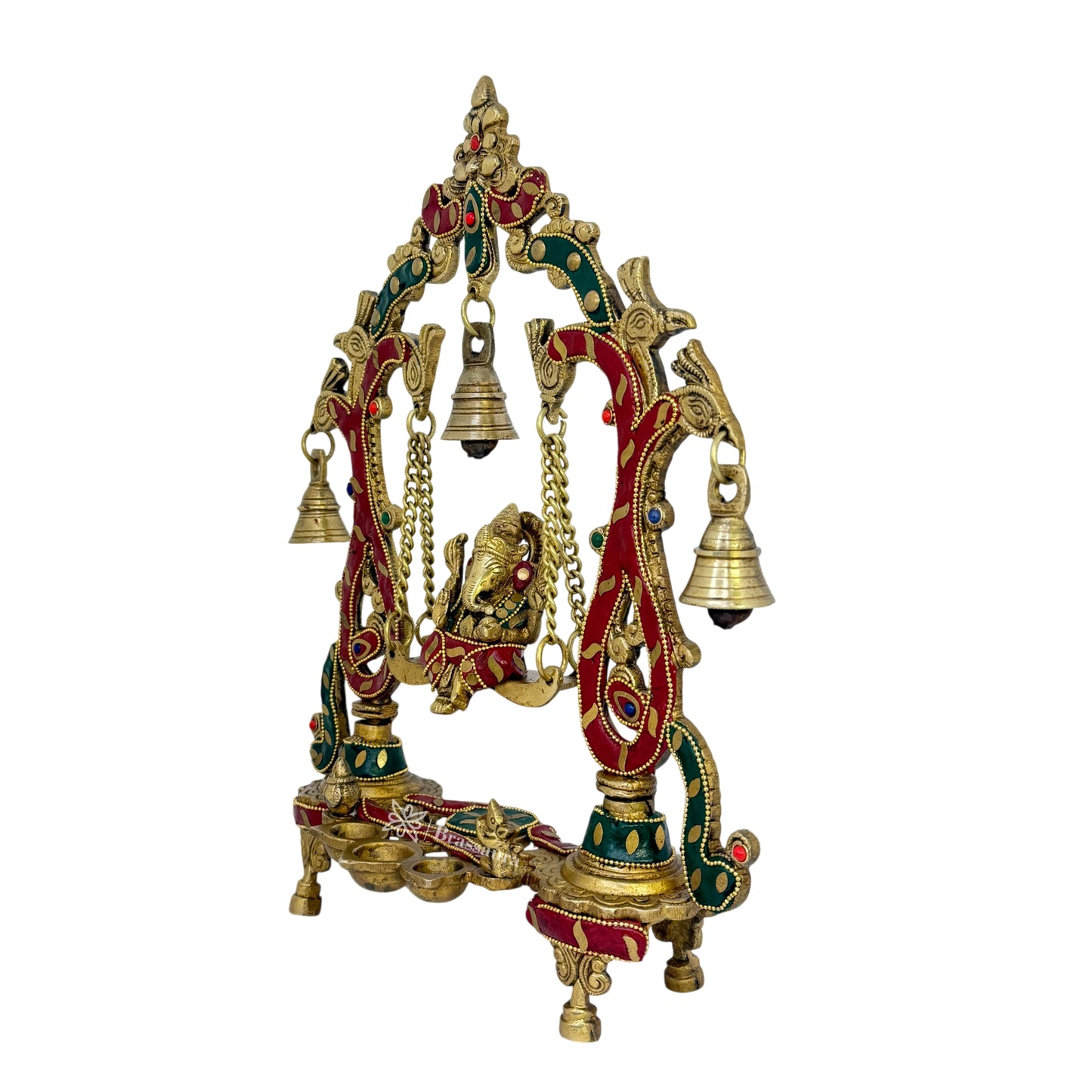 Brassaura™ Brass Gem Stone Work Ganesha Jhula Murti – Height 13.8 inches & Weight 2.8 kgs | Ganpati Swing Statue for Home & Pooja Room