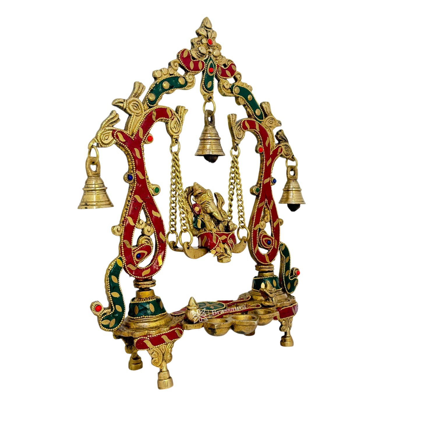 Brassaura™ Brass Gem Stone Work Ganesha Jhula Murti – Height 13.8 inches & Weight 2.8 kgs | Ganpati Swing Statue for Home & Pooja Room