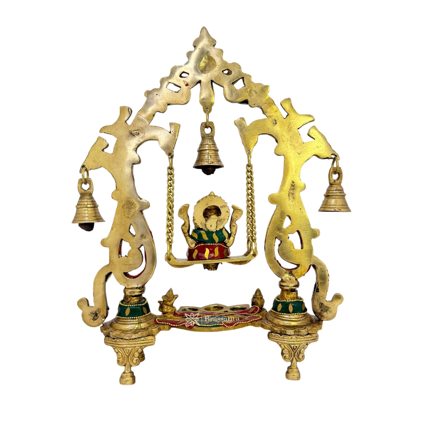 Brassaura™ Brass Gem Stone Work Ganesha Jhula Murti – Height 13.8 inches & Weight 2.8 kgs | Ganpati Swing Statue for Home & Pooja Room