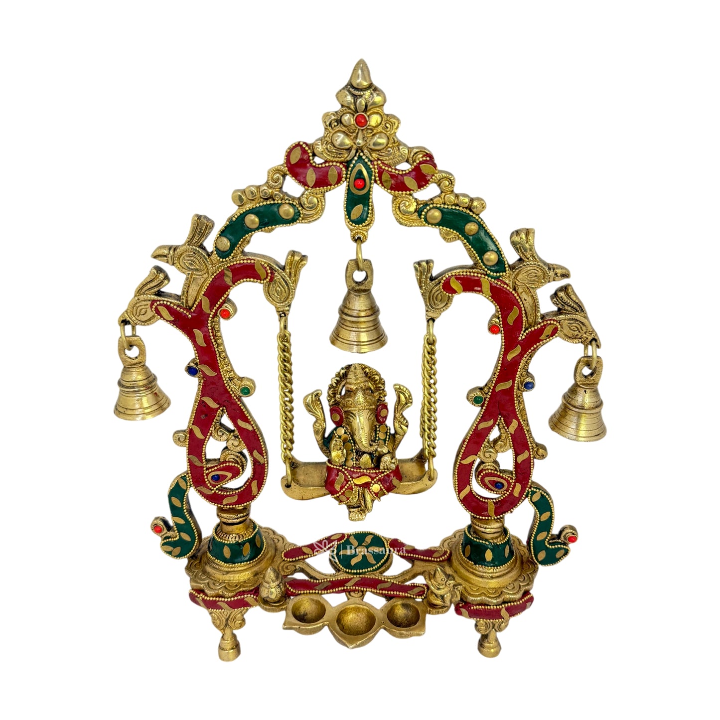 Brassaura™ Brass Gem Stone Work Ganesha Jhula Murti – Height 13.8 inches & Weight 2.8 kgs | Ganpati Swing Statue for Home & Pooja Room