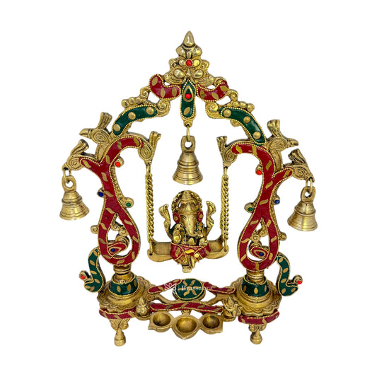Brassaura™ Brass Gem Stone Work Ganesha Jhula Murti – Height 13.8 inches & Weight 2.8 kgs | Ganpati Swing Statue for Home & Pooja Room