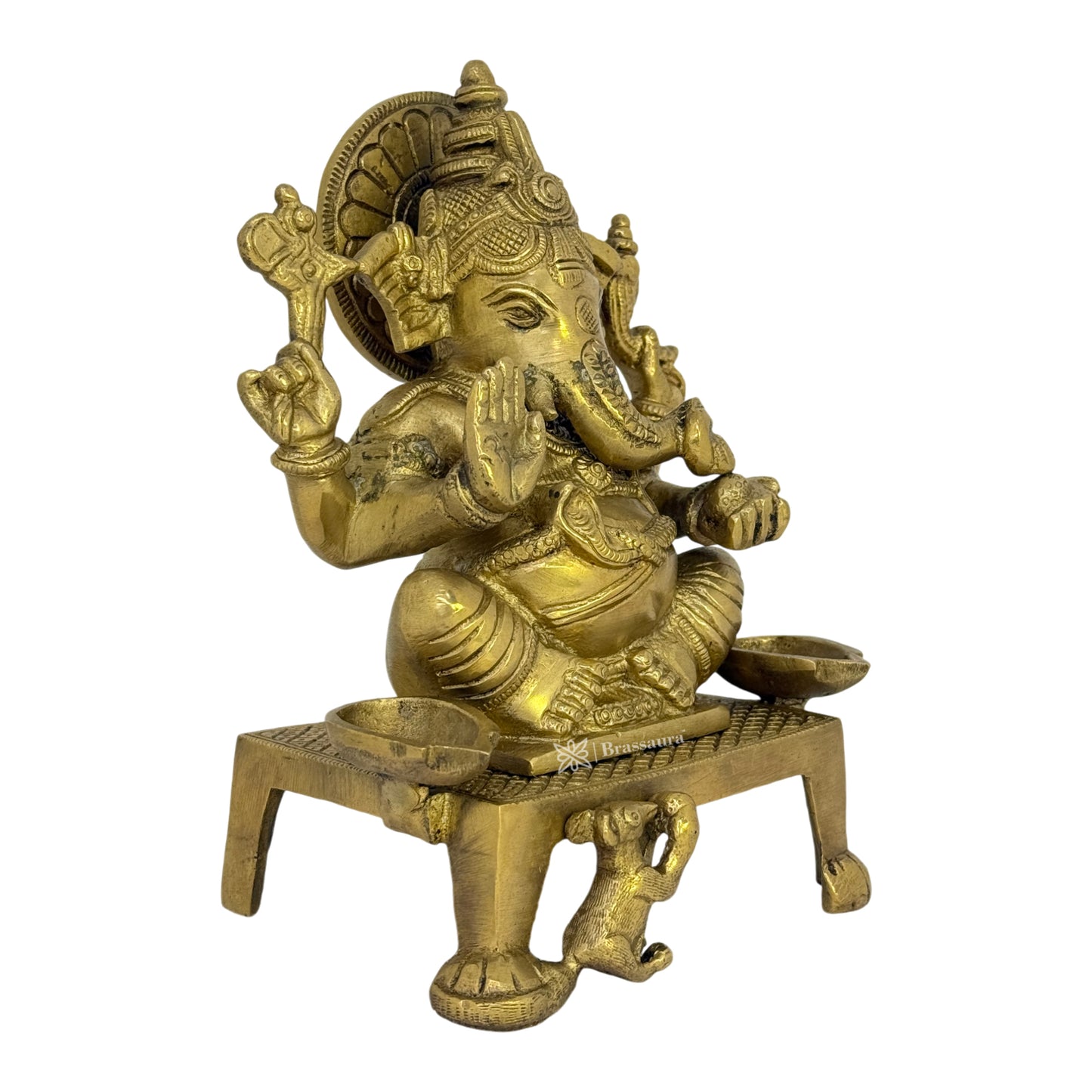 Brassaura™ Brass Ganesha Chowki Statue – Height 7.5 inches & Weight 2.35 kgs | Ganpati Diya Murti for Home & Pooja Room