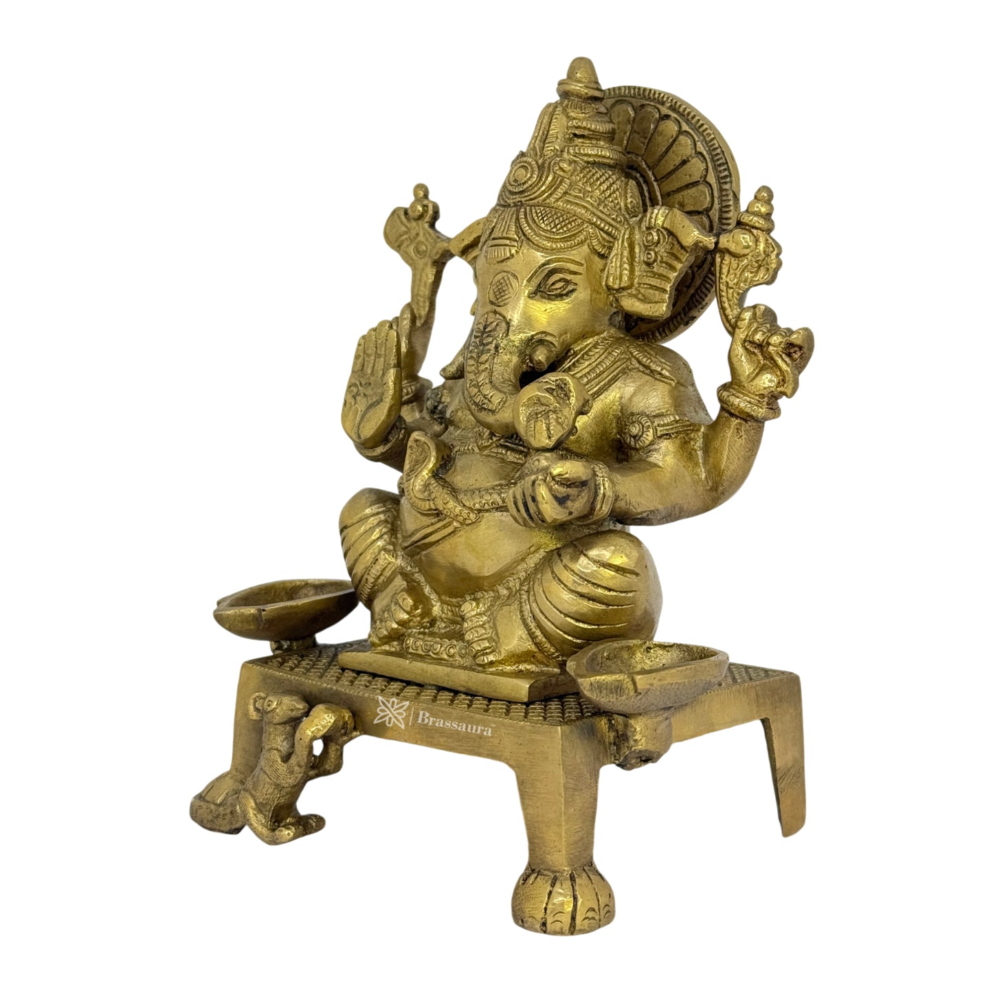 Brassaura™ Brass Ganesha Chowki Statue – Height 7.5 inches & Weight 2.35 kgs | Ganpati Diya Murti for Home & Pooja Room