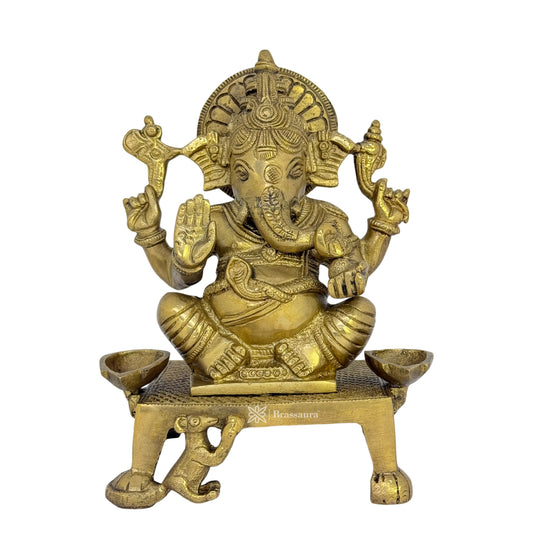 Brassaura™ Brass Ganesha Chowki Statue – Height 7.5 inches & Weight 2.35 kgs | Ganpati Diya Murti for Home & Pooja Room