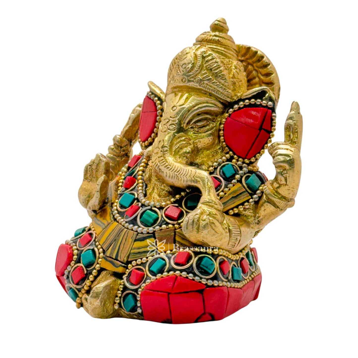 Brassaura™ Brass Gem Stone Work Ganesha Statue – Height 3.5 inches & Weight 0.65 kgs | Ganpati Murti for Home & Pooja Room