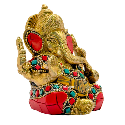 Brassaura™ Brass Gem Stone Work Ganesha Statue – Height 3.5 inches & Weight 0.65 kgs | Ganpati Murti for Home & Pooja Room