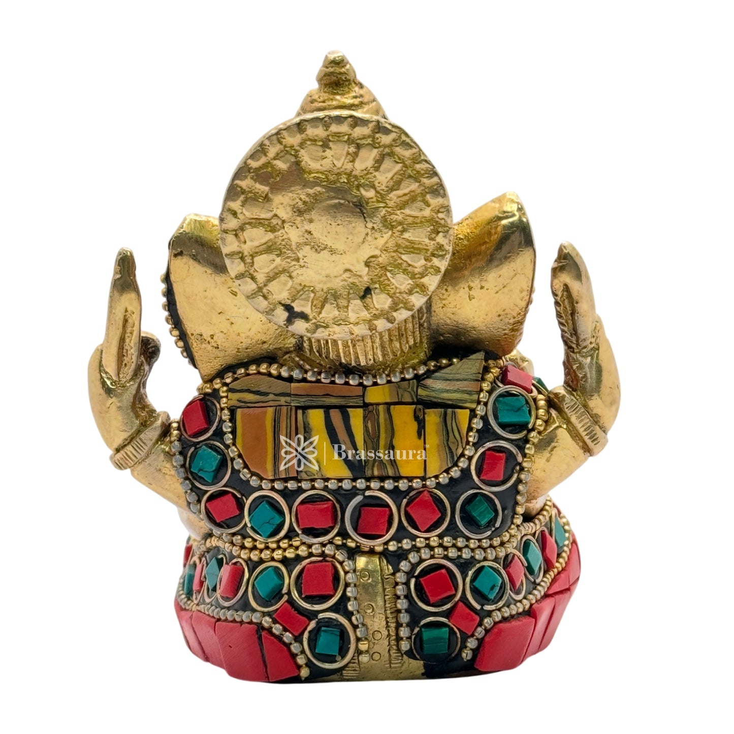 Brassaura™ Brass Gem Stone Work Ganesha Statue – Height 3.5 inches & Weight 0.65 kgs | Ganpati Murti for Home & Pooja Room