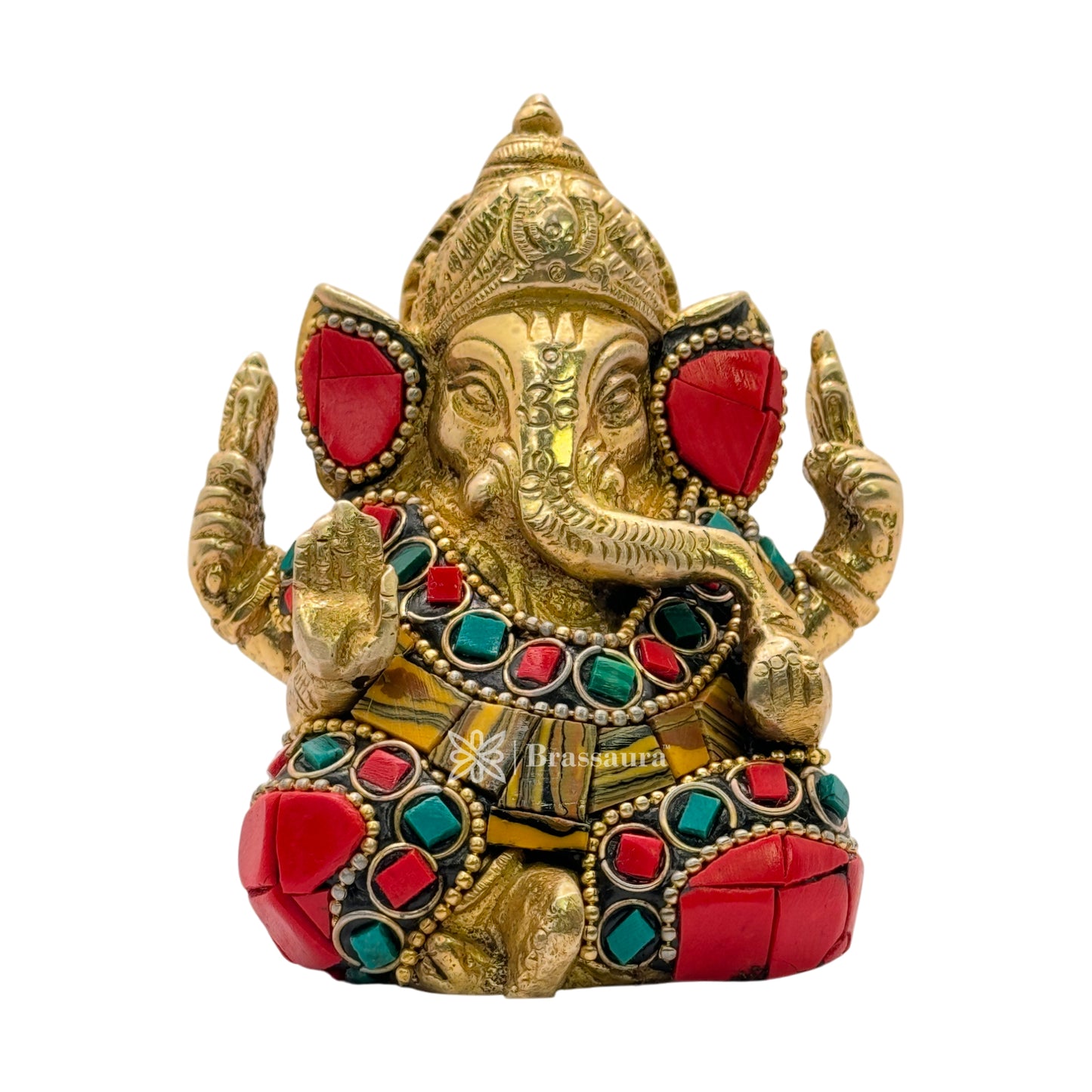 Brassaura™ Brass Gem Stone Work Ganesha Statue – Height 3.5 inches & Weight 0.65 kgs | Ganpati Murti for Home & Pooja Room