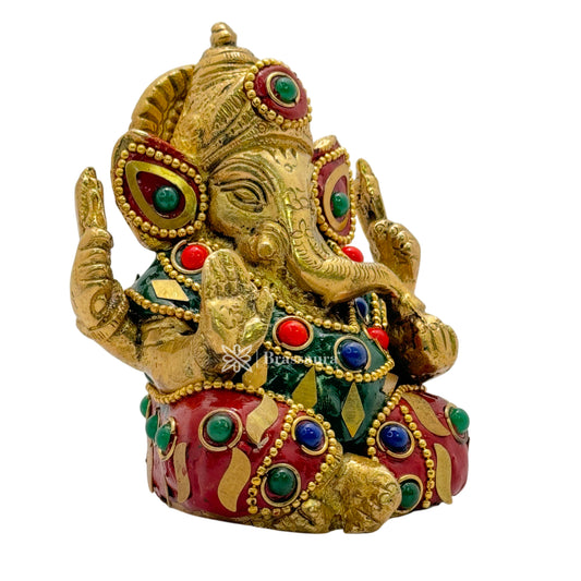 Brassaura™ Brass Lakh Work (Gem Stone) Ganesha Idol – Height 3.5 inches & Weight 0.65 kgs | Ganpati Murti for Home & Pooja Room