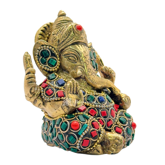 Brassaura™ Brass Multi-Color Gem Stone Ganesha Statue – Height 3.5 inches & Weight 0.65 kgs | Ganpati Idol for Home & Pooja Room