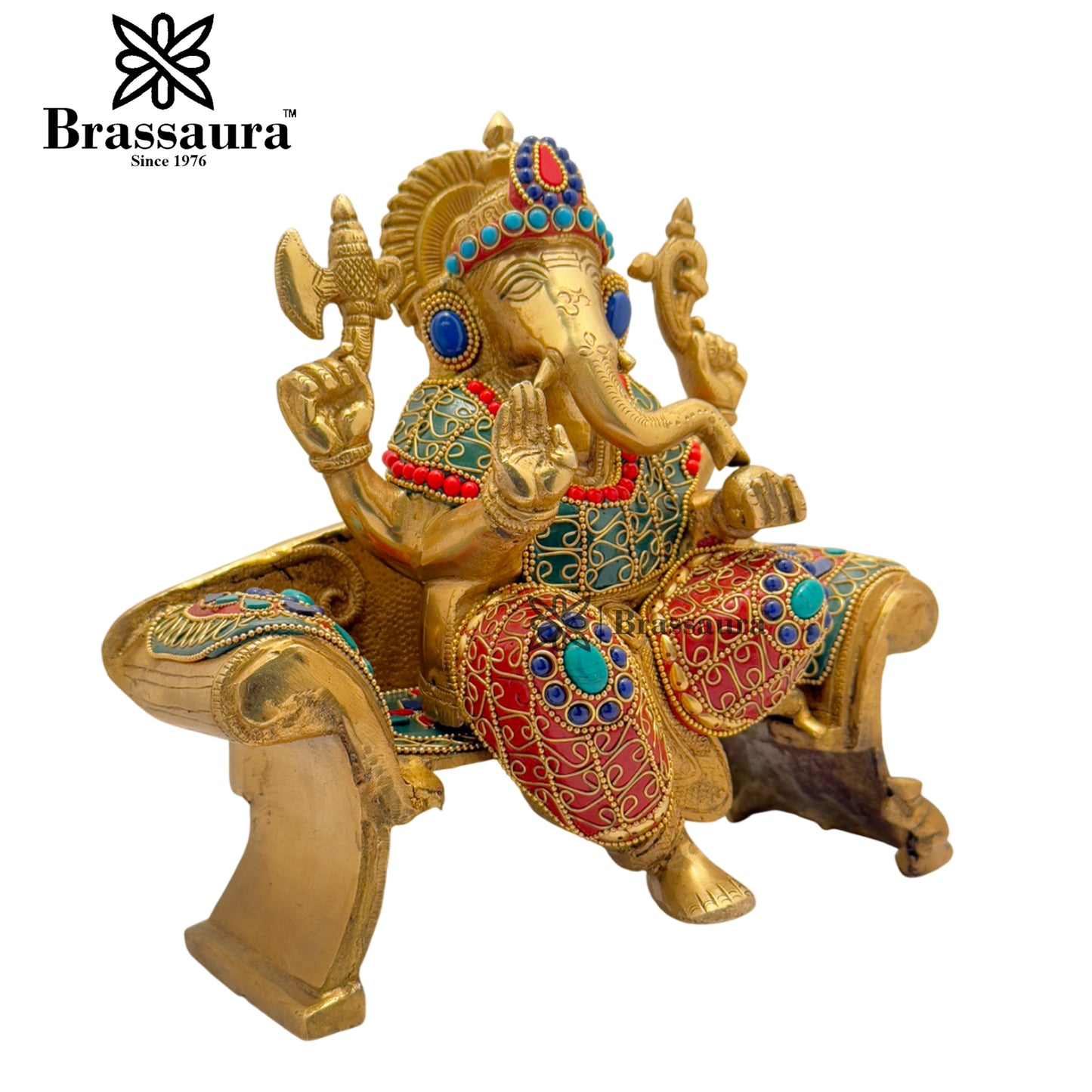 Brass Gem Stone Work Ganesha Weight 5.7 Kg & Height 9 Inch
