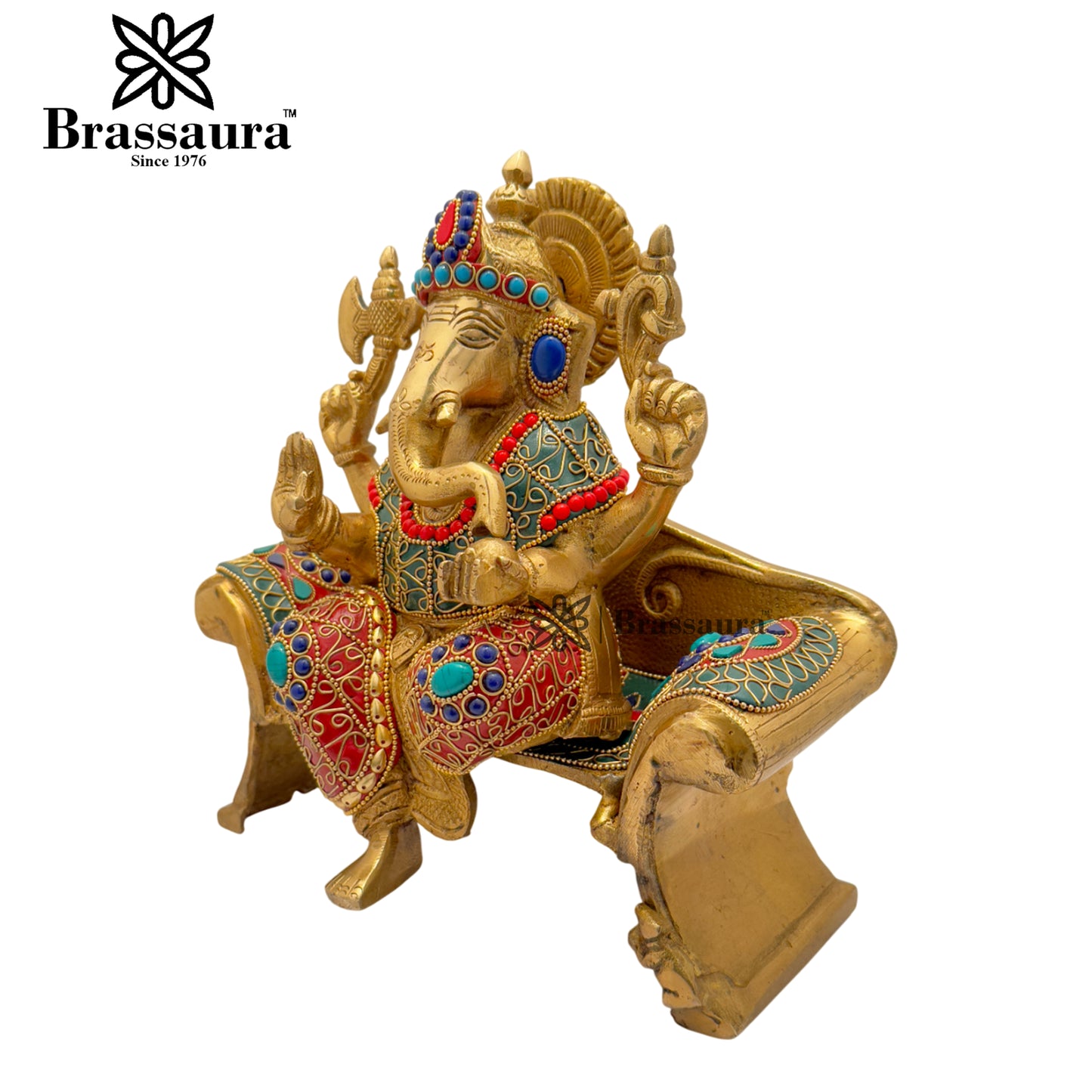 Brass Gem Stone Work Ganesha Weight 5.7 Kg & Height 9 Inch