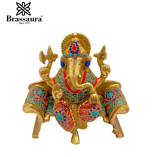 Brass Gem Stone Work Ganesha Weight 5.7 Kg & Height 9 Inch