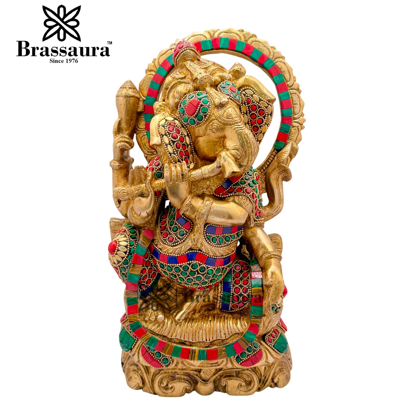 Brass Gem Stone Work Flute Ganesha Weight 7.5 Kg & Height 13 Inch