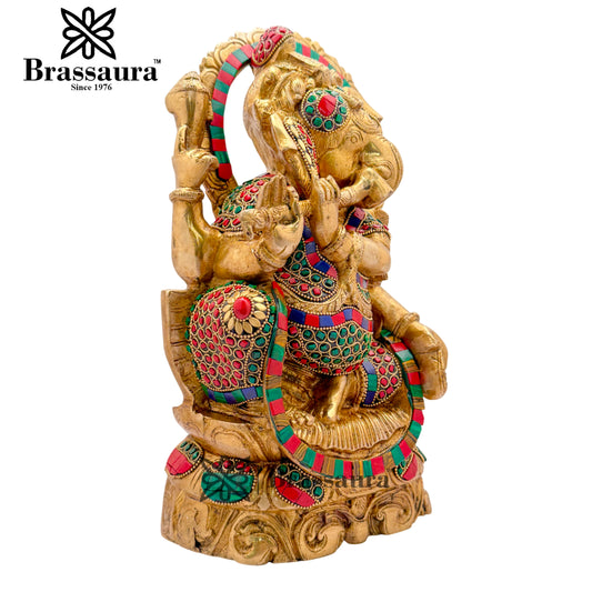 Brassaura® ब्रास रत्न पत्थर वर्क बांसुरी गणेश ऊंचाई 13 इंच