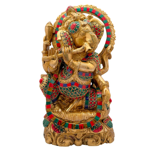 Brass Gem Stone Work Flute Ganesha Weight 7.5 Kg & Height 13 Inch