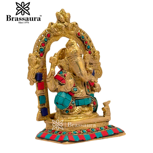 Brassaura® ब्रास रत्न पत्थर कार्य गणेश 6.5 इंच ऊँचाई