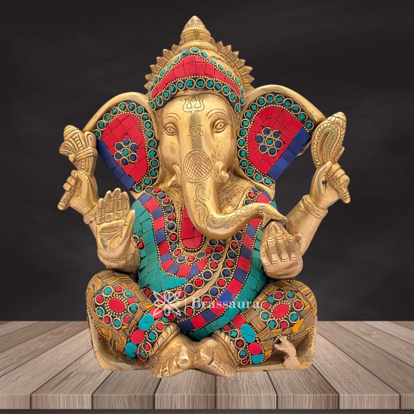 Brass Gem Stone Work Ganesha Weight 5.4 Kg & Height 10 Inch