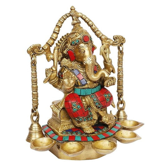 Brassaura™ Brass Jhula Gemstone Work Ganesha Murti – Height 11.02 inches | Weight 3.5 kgs