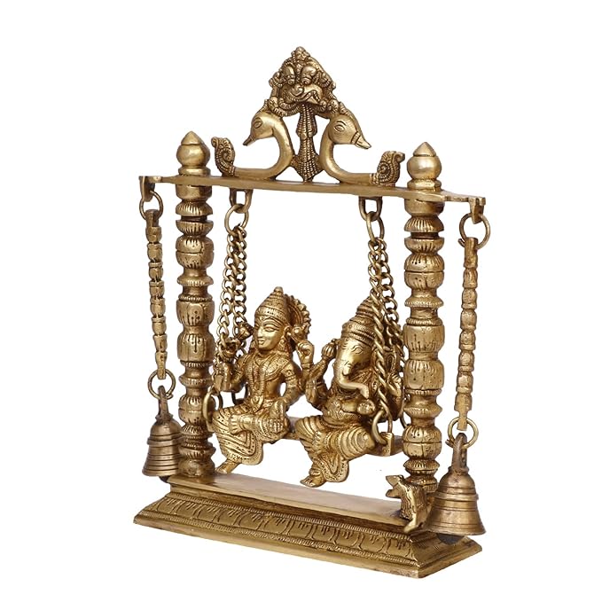 Brass Laxmi Ganesha Jhula Murti for Home and Decor Weight 2.5 Kg Height 28 cm