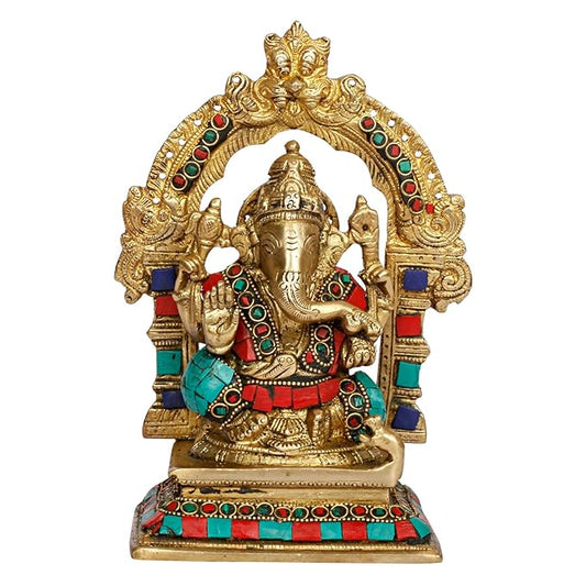 Brassaura™ Gemstone-Embellished Brass Sitting Ganesha Idol for Home & Temple Décor | Height 8.2 Inches & Weight 1.5 Kgs