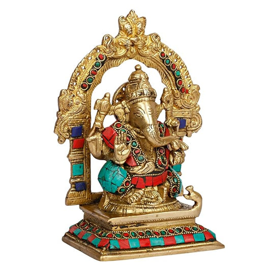 Brassaura Gemstone-Embellished Brass Sitting Ganesha Idol for Home & Temple Décor | Height 8.2 Inches