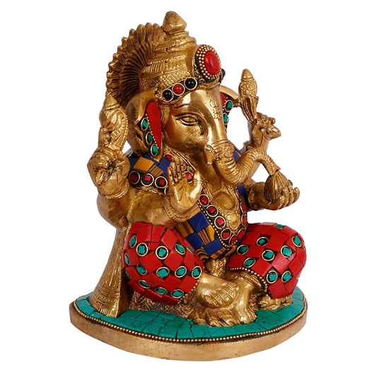 Brassaura™ Gemstone-Embellished Brass Ganesha Murti for Home & Temple Décor | Height 8.3 Inches & Weight 2.5 Kgs