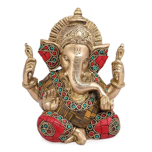 Brassaura™ Gemstone-Inlaid Brass Ganesha Murti for Home & Temple Décor | Height 5.9 Inches & Weight 1.5 Kgs