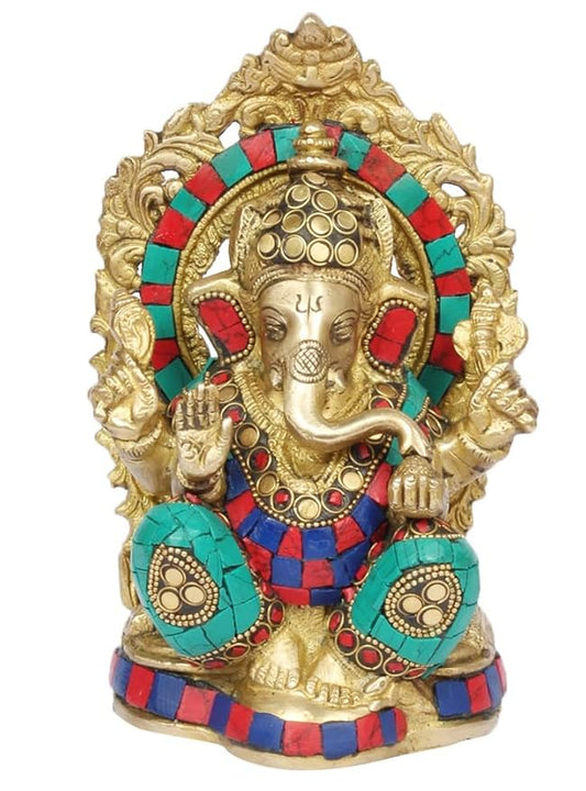 Brassaura™ Gemstone-Embellished Brass Ganesha Murti for Home & Temple Décor | Height 5.9 Inches & Weight 2.2 Kgs
