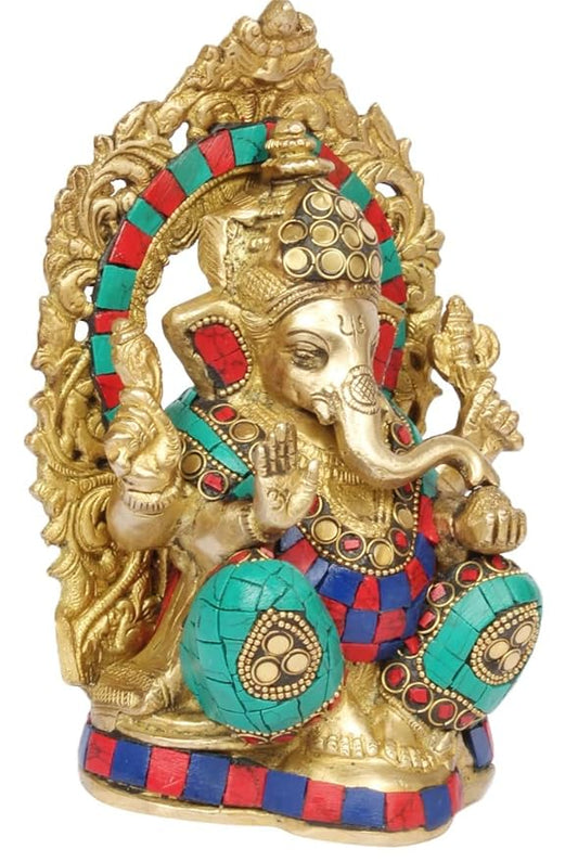 Brassaura Gemstone-Embellished Brass Ganesha Murti for Home & Temple Décor | Height 5.9 Inches