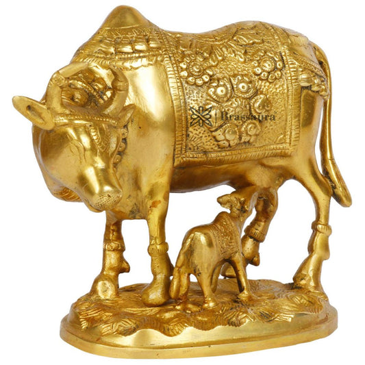 Brassaura™ Brass Kamdhenu Cow & Calf Idol – Height 9.2 Inches & Weight 2.8 Kgs | Temple Room & Worship Accent
