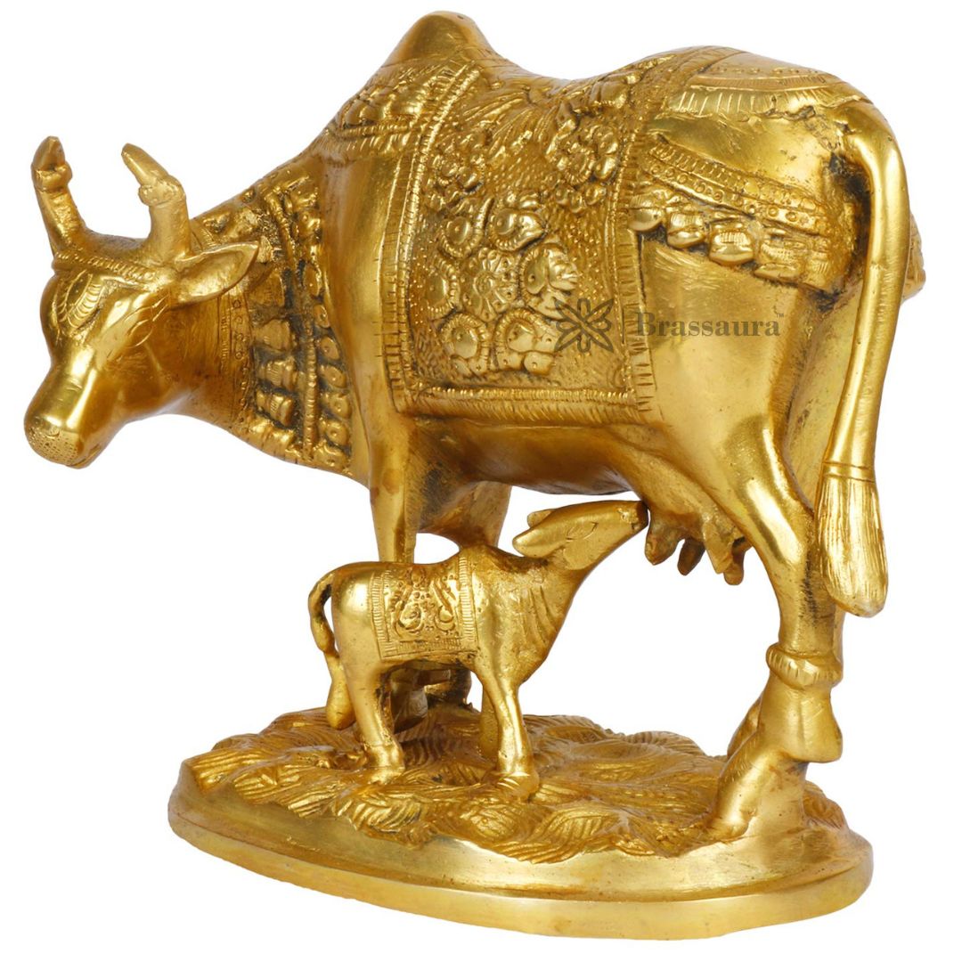 Brass Kamdhenu Cow Statue For Home Decor Weight 2.8 Kg And Height 23 Cm