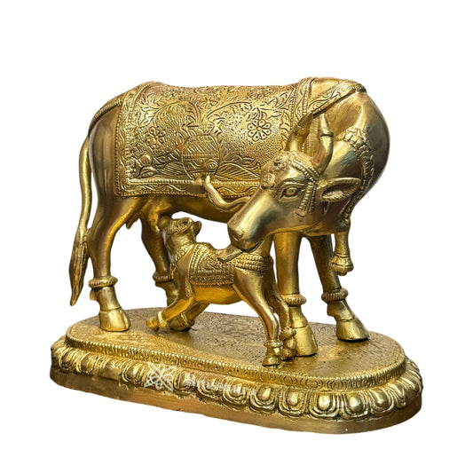Brassaura™ Brass Kamdhenu Cow & Calf Idol – Height 10 Inches & Weight 4.25 Kgs | Home Temple & Spiritual Décor