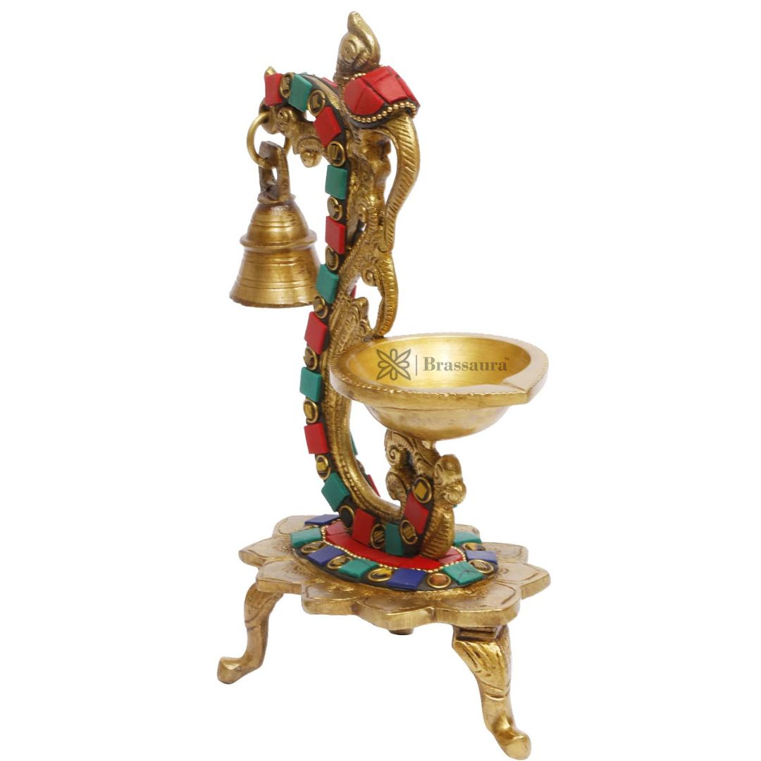 Brass Gem Stone Work Diya Statue For Home Decor Weight 0.950 Kgs And Height 20 Cms