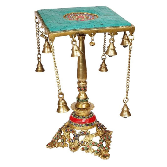 Brassaura™ Brass Pooja Chowki With Hanging Bells – Height 9.2 Inches & Weight 5 Kgs | Traditional Temple Accent